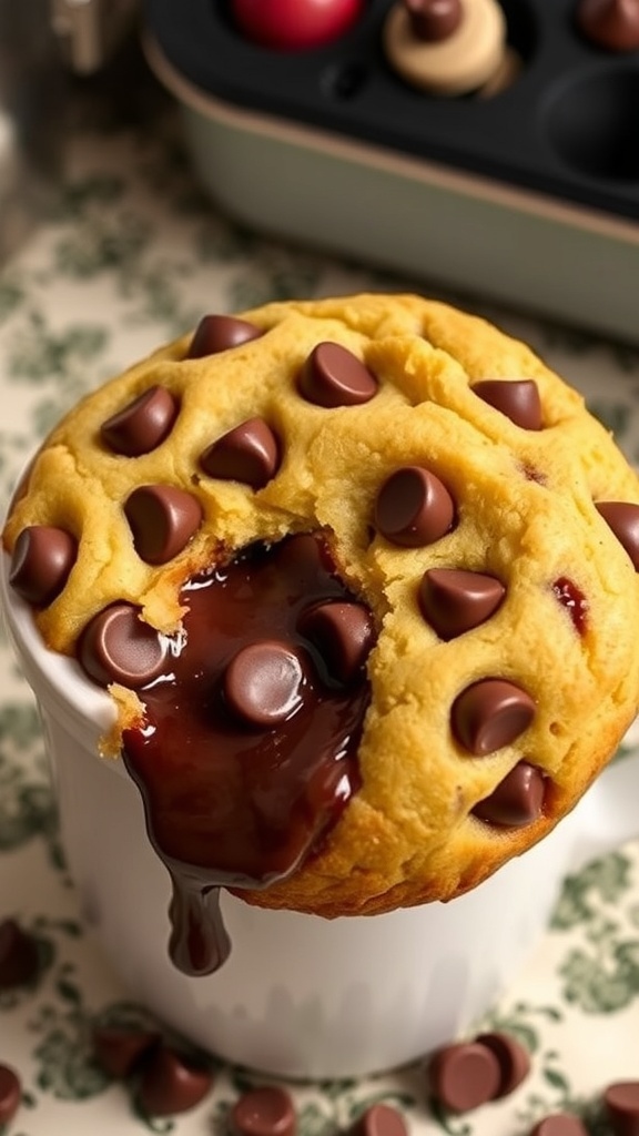 A delicious chocolate chip cookie in a mug, with melted chocolate chips, on a kitchen countertop.